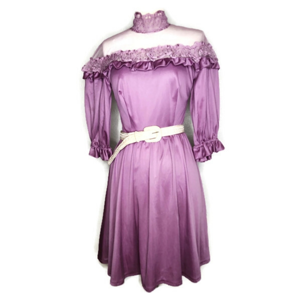 1970s Mauve Mesh Yoke Vintage Dress